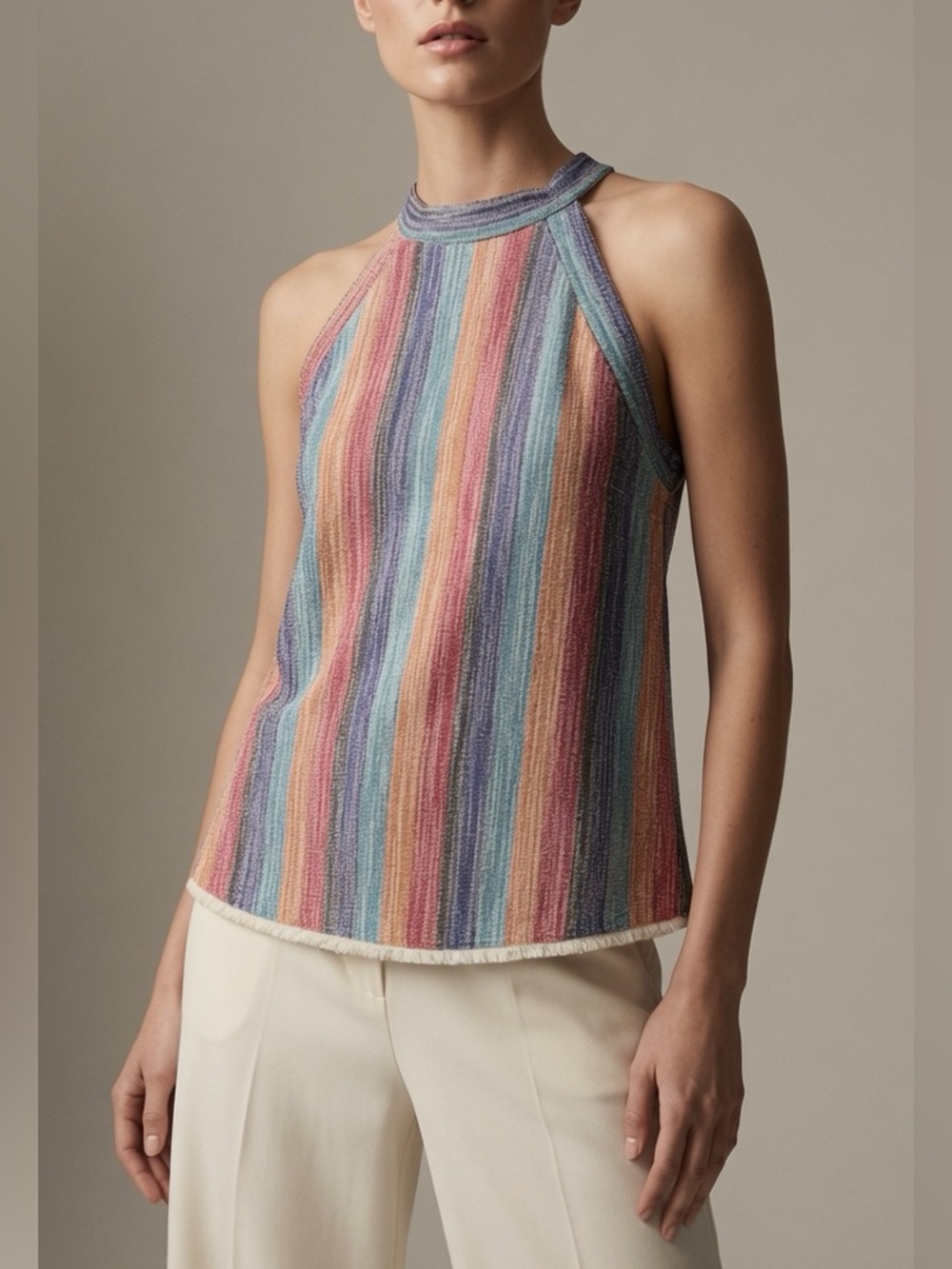 W5 Multicolor Striped Halter Tank Top - Pink, Blue, Orange, Purple, Cream